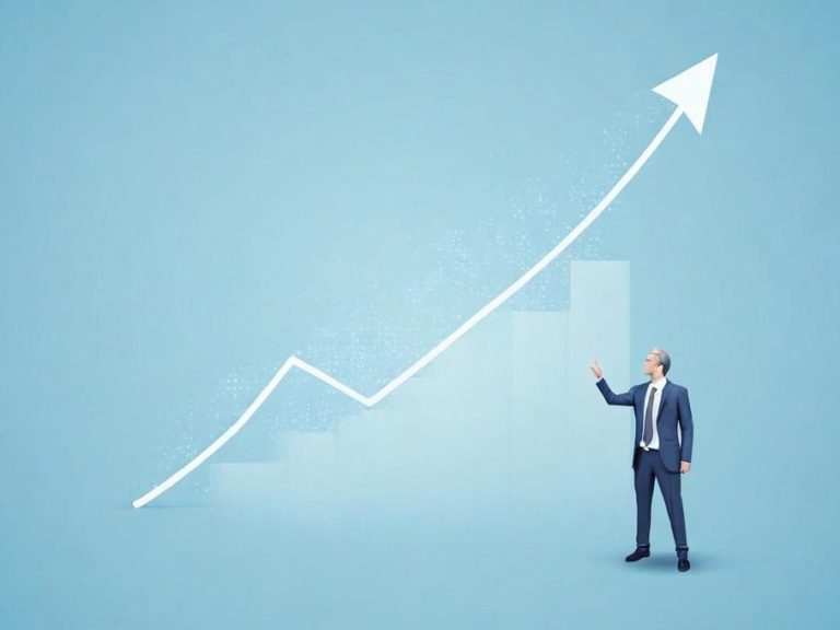 increased revenue Businessman pointing at an upward trending graph on a light blue background.